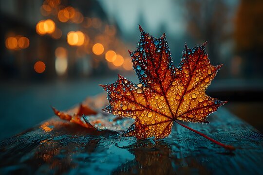 Autumn leaf on wet pavement with golden bokeh - Powered by Adobe