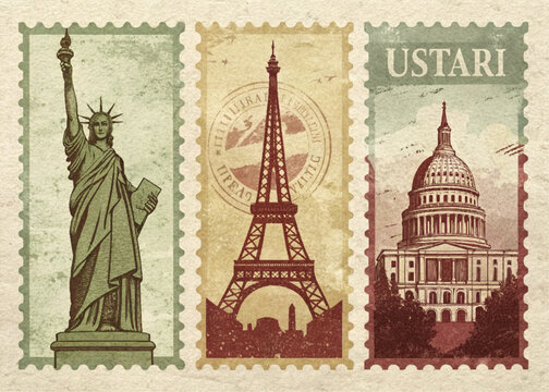 Illustration of three postage stamps featuring the statue of liberty eiffel tower and us capitol building