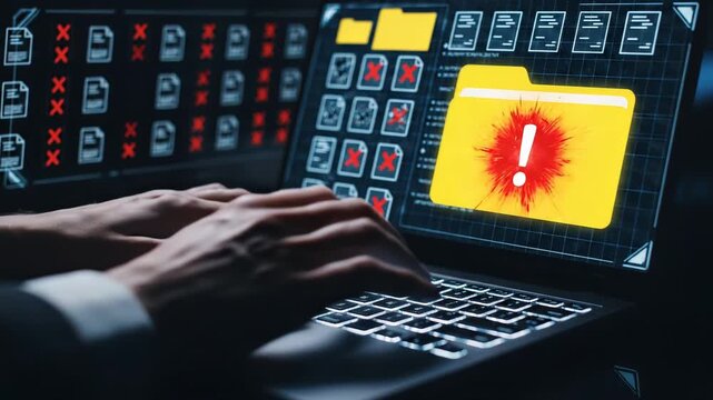 Hacker typing on laptop with glowing screen showing data breach warning cyber security threat high quality professional