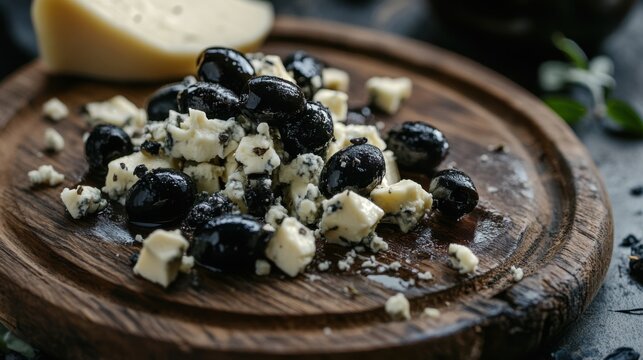 A tantalizing arrangement of black olives and creamy cheese pieces on a rustic wooden board, perfect for gourmet culinary experiences or social gatherings. - Powered by Adobe
