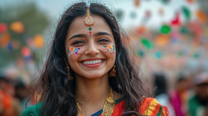 A cheerful girl adorned with traditional attire and festive face paint beams with joy, embodying the spirit of celebration and cultural richness at a vibrant festival.