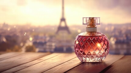 A beautiful perfume bottle set against the iconic Eiffel Tower, capturing the essence of luxury, elegance, and romance in a stunning warm sunset backdrop.