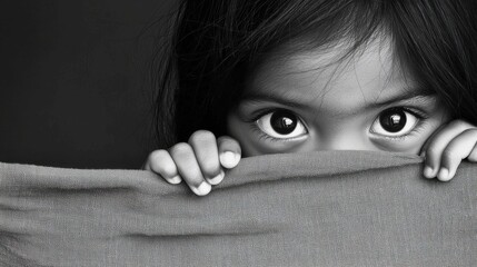 A captivating portrait of a young child with large, expressive eyes peering cautiously from behind a piece of fabric, showcasing innocence and curiosity in a monochrome style.