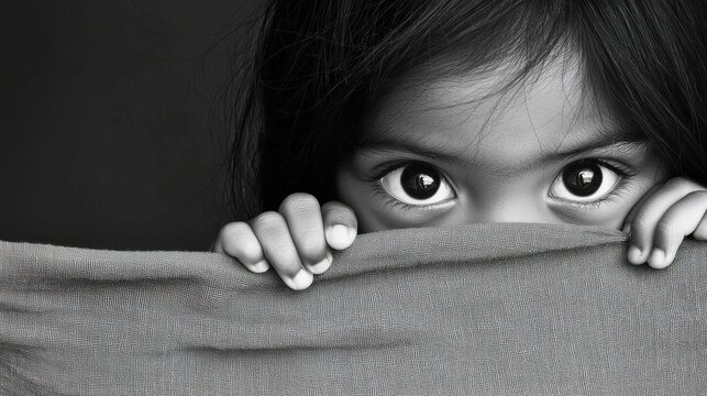 A captivating portrait of a young child with large, expressive eyes peering cautiously from behind a piece of fabric, showcasing innocence and curiosity in a monochrome style. - Powered by Adobe