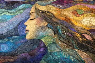 A vibrant and elaborate textile artwork depicting the profile of a woman, embracing abstract colors and textures that evoke deep emotions and creativity.