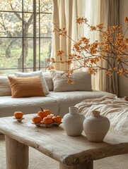 A warm and inviting living room scene featuring autumn decor, soft fabrics, and nature-inspired elements that create a perfect cozy atmosphere for relaxation.