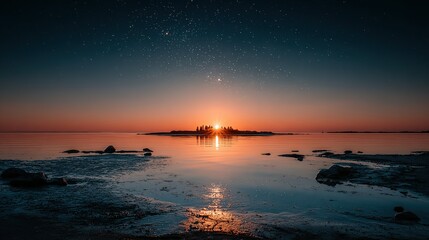 Sunset over water with reflection and land silhouette under a starry sky.