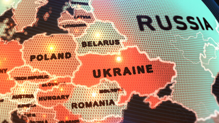 This is a digitally rendered map of Eastern Europe, focusing on Ukraine and its surrounding countries. The map highlights Ukraine in bold red with large black text, 3d rendering, Illustration, © ran