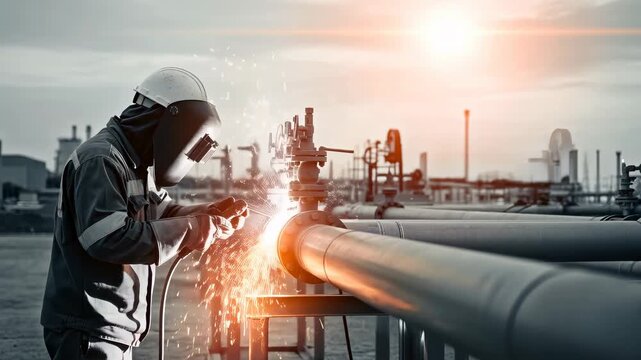 Man welder working on gas pipeline infrastructure, welding and repairing industrial pipe with sparks flying, industrial energy footage.