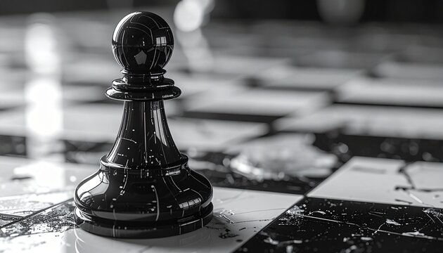 A ultra hyper-realistic, macro shot of a sleek, black-and-white chess piece with a futuristic, cybernetic pattern.