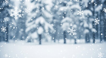 A winter scene with snowflakes falling over a snowy forest, showcasing a serene and peaceful atmosphere.
