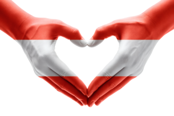 Hands painted with the Austrian flag forming a heart shape, symbolizing love and patriotism for Austria on transparent background.
