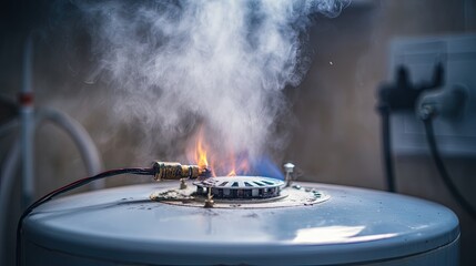 Steaming Water Heater with Flames and Smoke in Domestic Setting