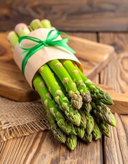 Fresh asparagus bunch on wooden board