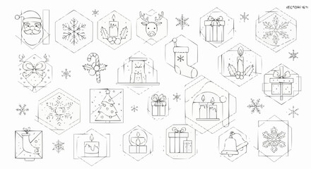 Obraz premium Christmas icon christmas vector line art icons set santa claus reindeer gift snowflake candle stocking tree fireplace bells vector