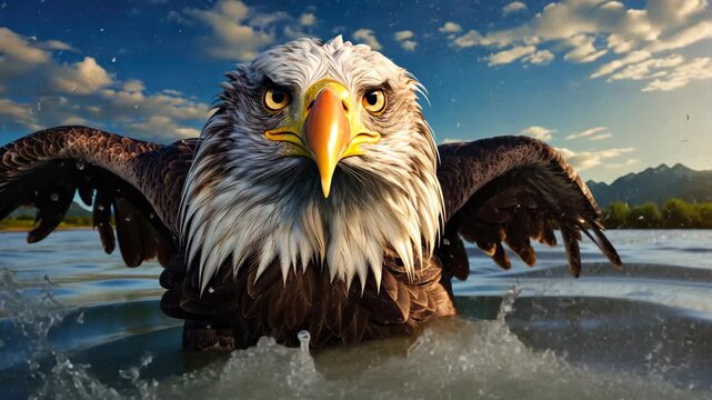 Majestic Eagle's Ascent: A regal eagle fearlessly strides through water with its intense gaze, a striking symbol of freedom and dominance in the natural world. Capturing the essence of wildlife