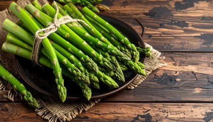 Fresh asparagus bunch on dark plate