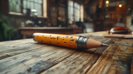 A detailed close-up of a pencil resting on a weathered wooden desk surface