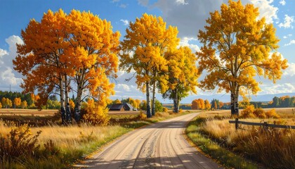 Obraz premium Autumnal countryside lane with golden trees