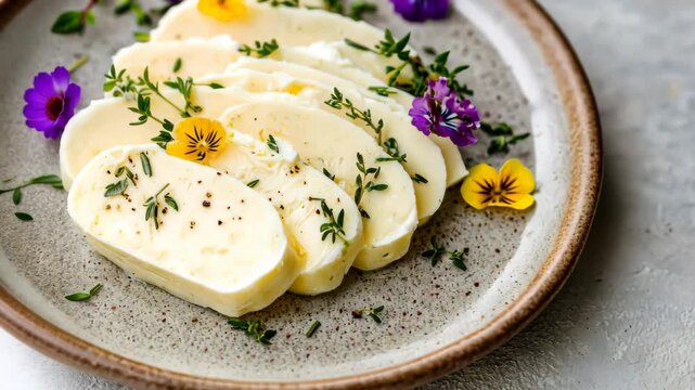Sliced herb butter with colorful edible flowers on rustic plate