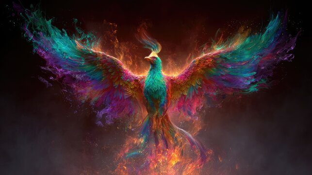 Colourful phoenix bird with spread wings on black background. Mythical fiery creature rising from the ashes