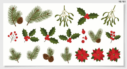 Christmas icon download christmas vector elements for holiday design, pine branches, mistletoe, holly, poinsettia clip art vector