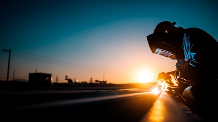 A welder in protective gear works on a metal structure at sunset, creating a silhouette against the vibrant sky.