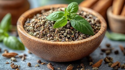 Aromatic herbs and spices composition in a wooden bowl for culinary use presentation ready for