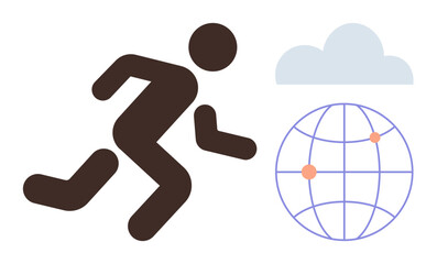 Silhouette of a running figure beside a globe with connection points and a cloud. Ideal for technology, global connection, fitness, progress, motivation, networking, and digital growth. A simple flat