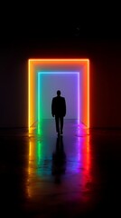 A solitary figure stands in a dark room illuminated by vibrant neon lights, creating a surreal and mysterious atmosphere.