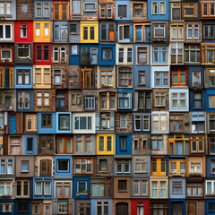 wall full of different windows and colors, facade miniatures, building exterior, old architecture, urban city, 3D illustration design