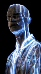 A detailed, wireframe human figure illuminated with blue light, set against a black background.