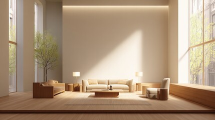 Fototapeta premium scandinavian. Minimalist Nordic living room with wooden accents and abstract art, bathed in soft natural light. lifestyle magazines.