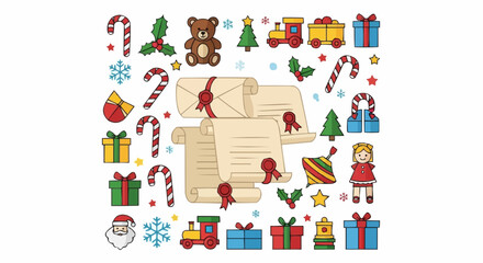 Fototapeta premium Christmas icon christmas holiday vector illustration with santa claus gifts candy cane teddy bear and christmas tree design elements vector