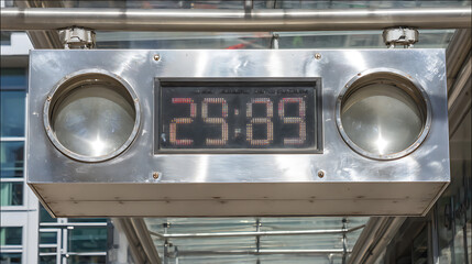 Digital countdown timer display with illuminated numbers and circular lights mounted on a metallic panel