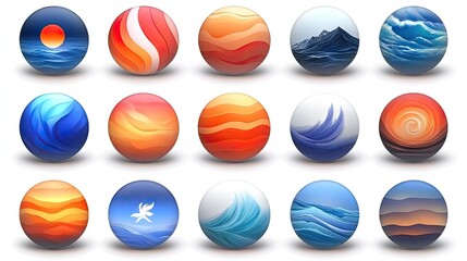 Collection of digitally created spherical icons featuring various abstract designs and nature scenes