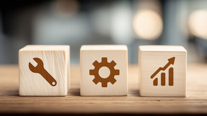 Business improvement concept with blocks showing tools settings and growth icons, illustrating optimization process efficiency development and sustained performance.
