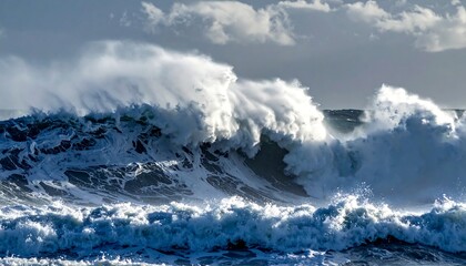 A powerful ocean wave crests and crashes, spray flying into the air. The light captures the texture of the water