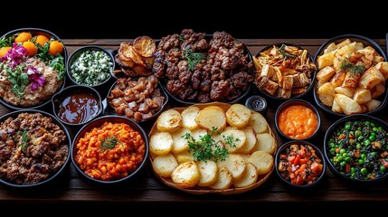 Fototapeta premium Assorted Platter of Grilled Meats and Sides on Wooden Table