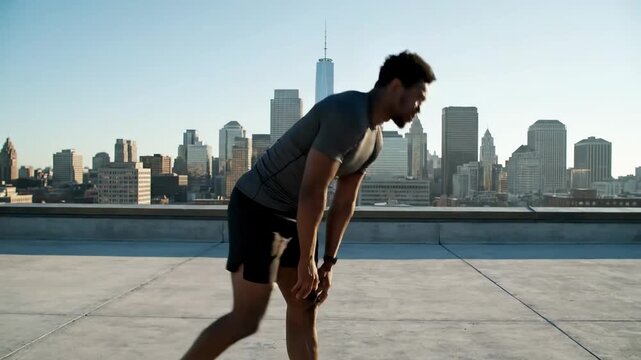 stretching hamstrings rooftop run cinematic UHD urban fitness lifestyle stock footage. leg extension skyline sprint movie quality high definition city wellbeing.