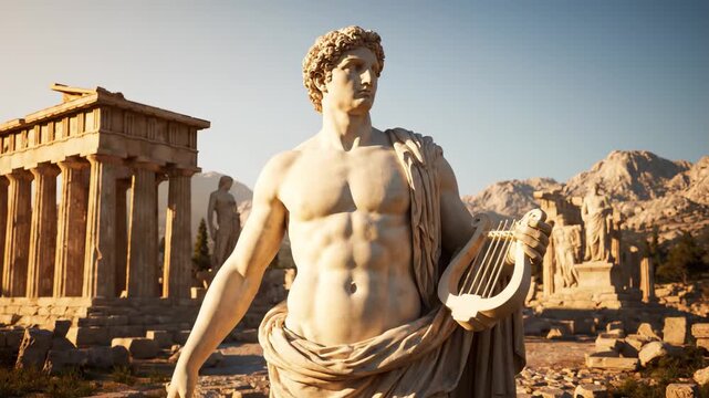A muscular man with a six-pack abs standing in front of ancient ruins on a clear day.