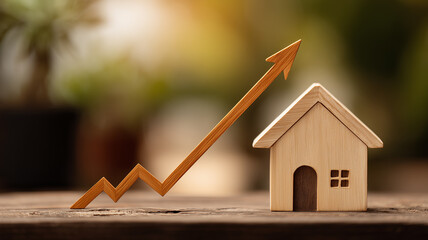 Wooden house with rising arrow illustrating housing market growth and property value appreciation, representing real estate investment opportunity and economic momentum.
