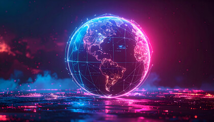 Obraz premium 3D render of futuristic digital globe with network connections, AI and technology