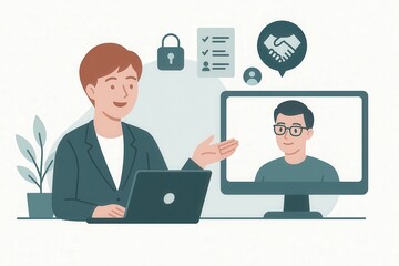 Fototapeta premium Engaging male professional conducting an online business meeting with a colleague through a computer screen while emphasizing security technology and collaboration strategy in an innovative