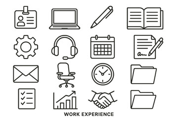Business essentials linear icon set. featuring id, laptop, pen, open book, gear, headset, calendar, document