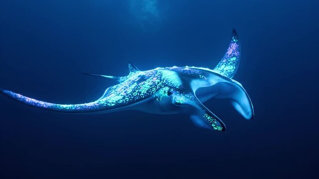 A giant futuristic blue Manta Ray swimming in the deep dark ocean.