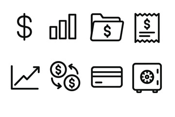 Finance flat icon set. featuring dollar, graph, folder, receipt, growth, exchange, card, and safe symbols