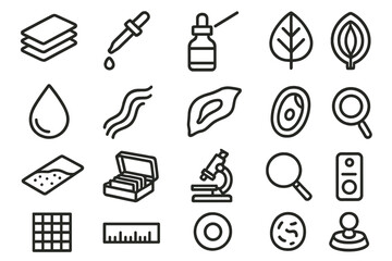 Laboratory equipment linear icon set. featuring pipette, microscope, petri dish, leaf, and ruler symbols