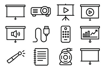 Presentation equipment linear icon set. featuring screen, projector, audio, remote, microphone, and chart symbols