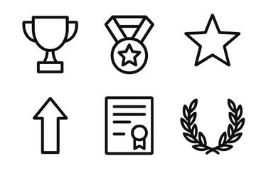 Achievement silhouette icon set. featuring trophy, medal, star, growth, certificate, wreath symbols